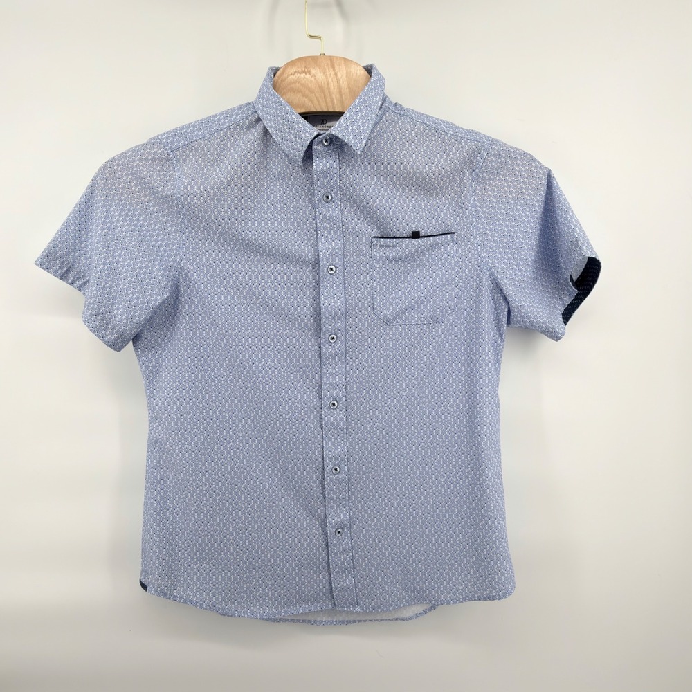 7 Diamonds Liberty Woven Shirt Mens Large Blue White Geometric 4-Way Stretch